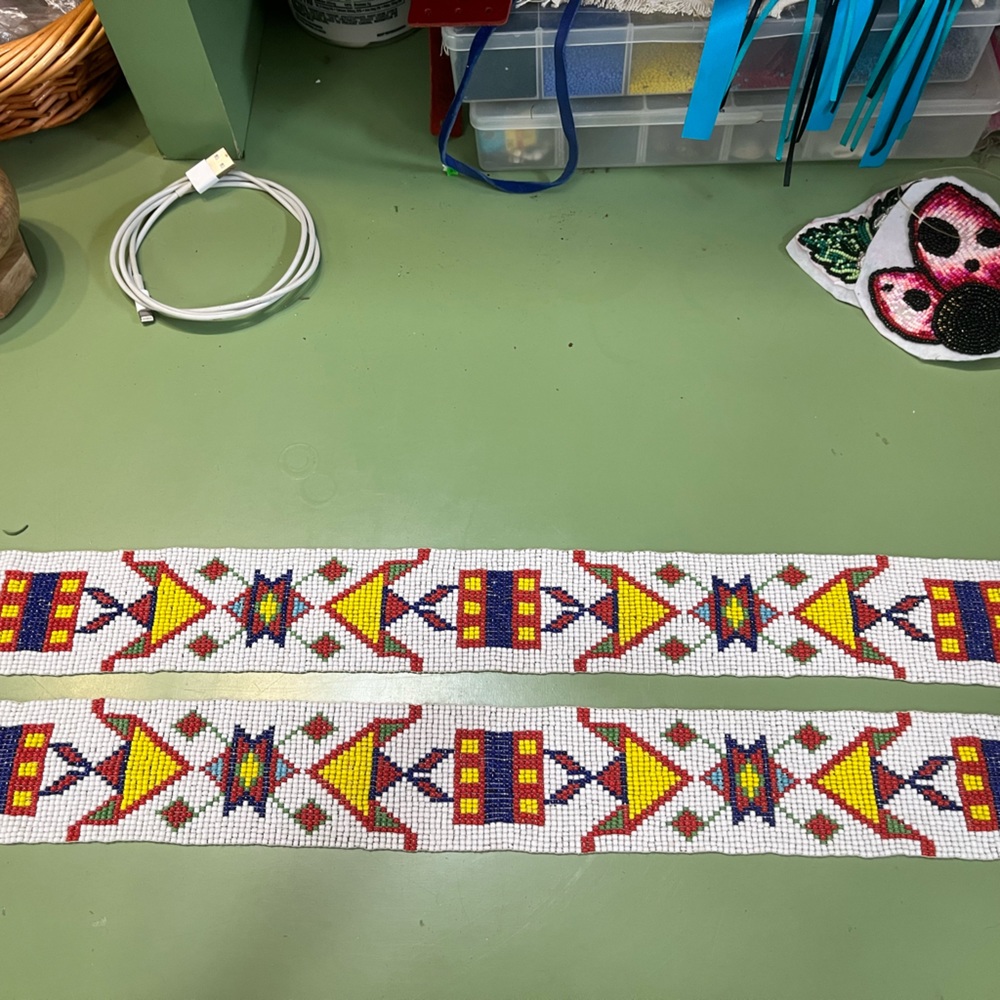 Native Amer. beaded loom panels, dub for buckskin shirts. Geometric-Plains style
